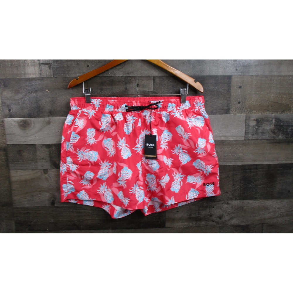 HUGO BOSS Swim Shorts Mens XL Red Pineapple Print Quick Dry Beach Trunks